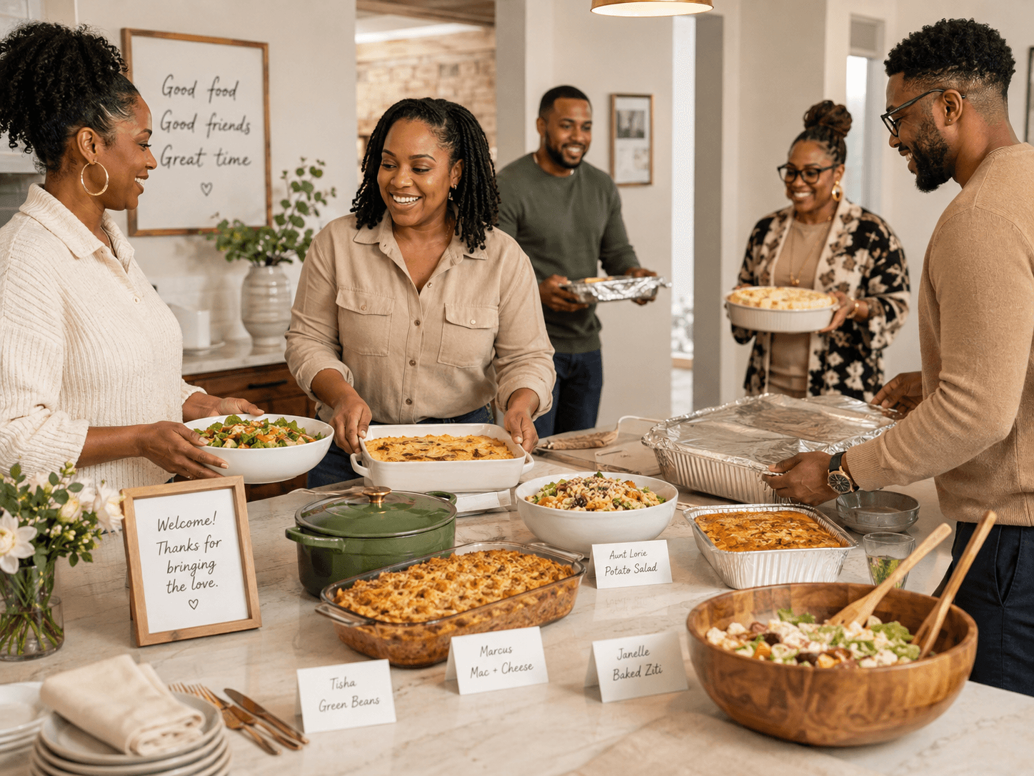 Friends arriving with shared dishes for a relaxed potluck in a warm home