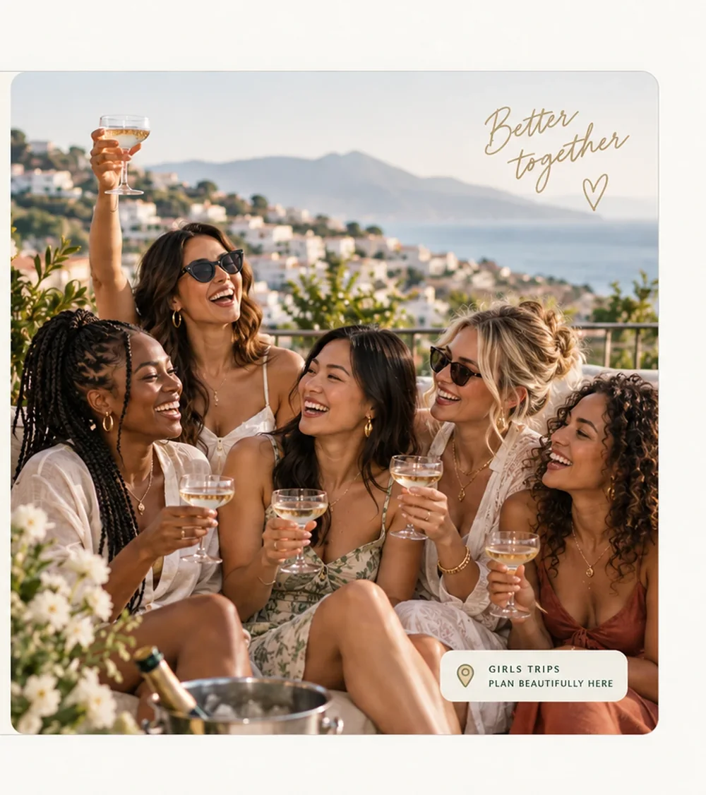 A diverse group of friends celebrating a bachelorette weekend together on a sunny coastal terrace