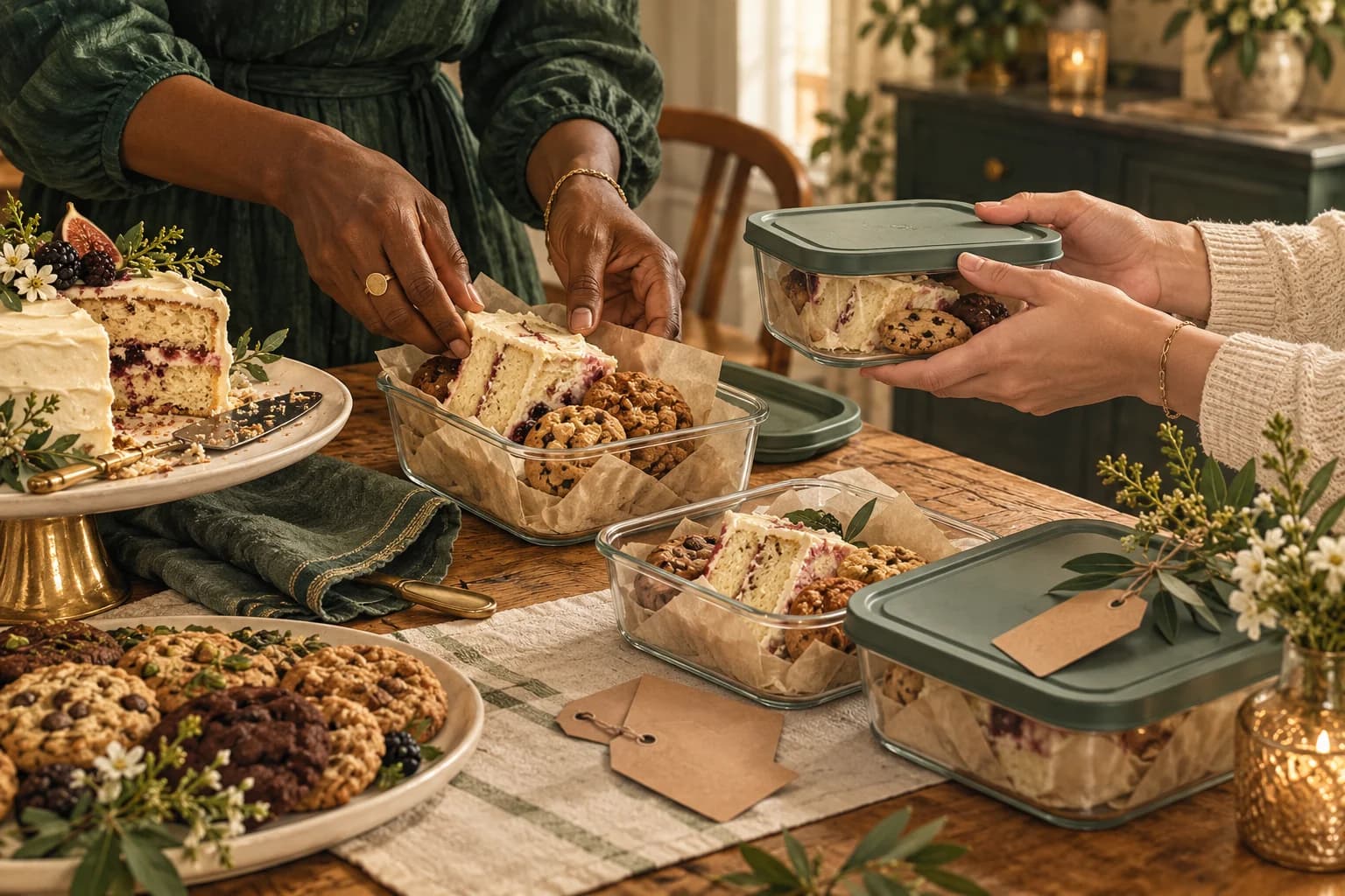 AI-generated editorial image: A host packing extra cake and cookies into reusable containers for guests to take home.