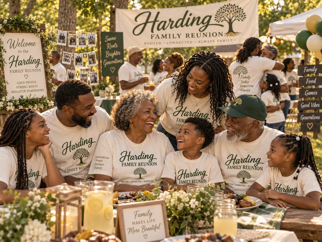 The Harding Family Reunion with multiple generations wearing coordinated reunion shirts